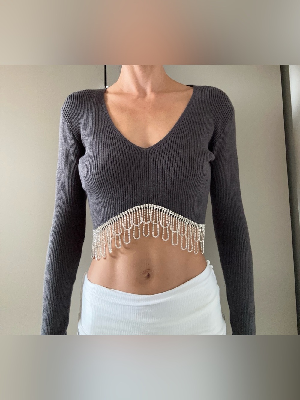 Zara | Size: Small Charcoal Gray V‑Neck Cropped Sweater with Crystal Fringe